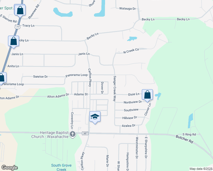 map of restaurants, bars, coffee shops, grocery stores, and more near 220 Commonwealth Circle in Waxahachie