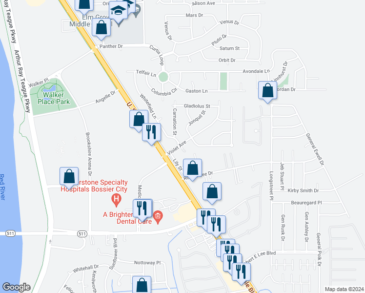 map of restaurants, bars, coffee shops, grocery stores, and more near 1200 Violet Avenue in Bossier City