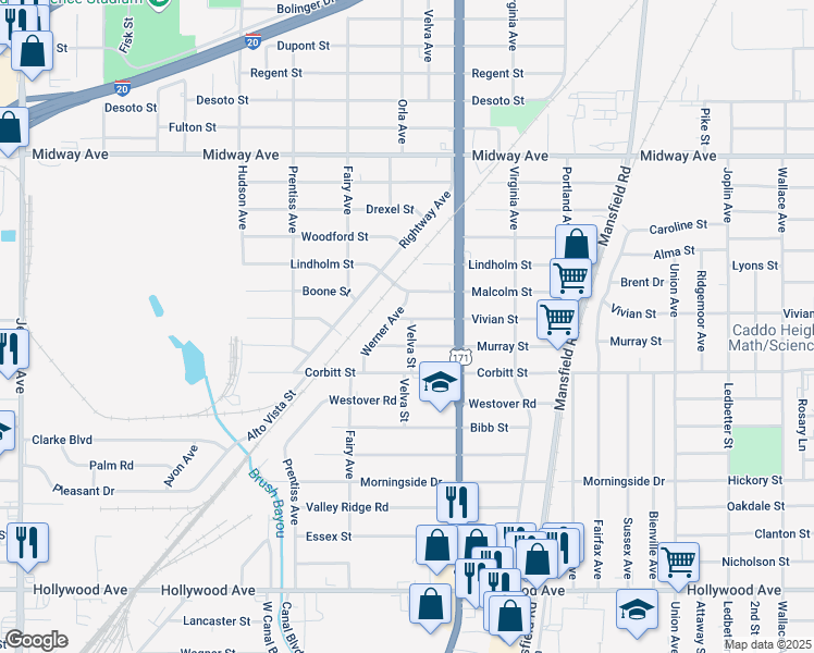 map of restaurants, bars, coffee shops, grocery stores, and more near 2735 Malcolm Street in Shreveport