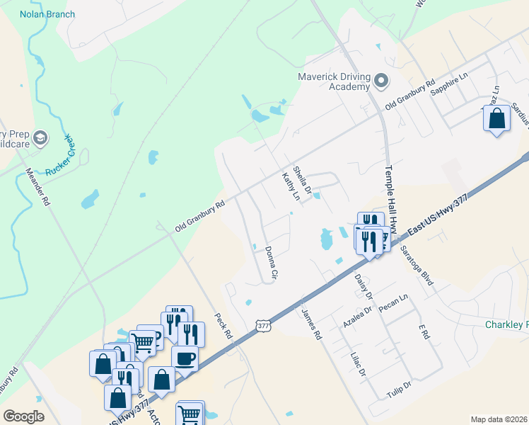 map of restaurants, bars, coffee shops, grocery stores, and more near 525 Landry Court in Granbury