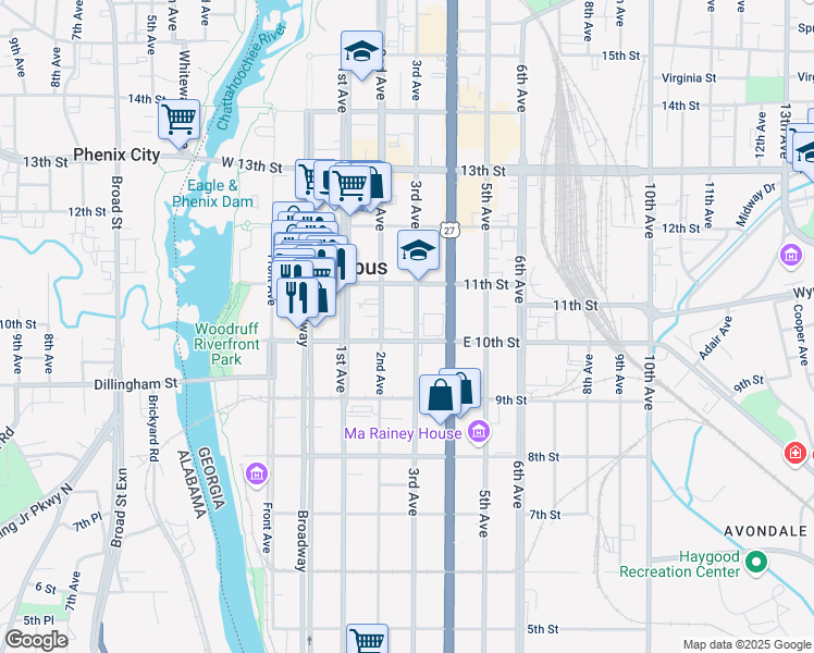 map of restaurants, bars, coffee shops, grocery stores, and more near 1011 3rd Avenue in Columbus