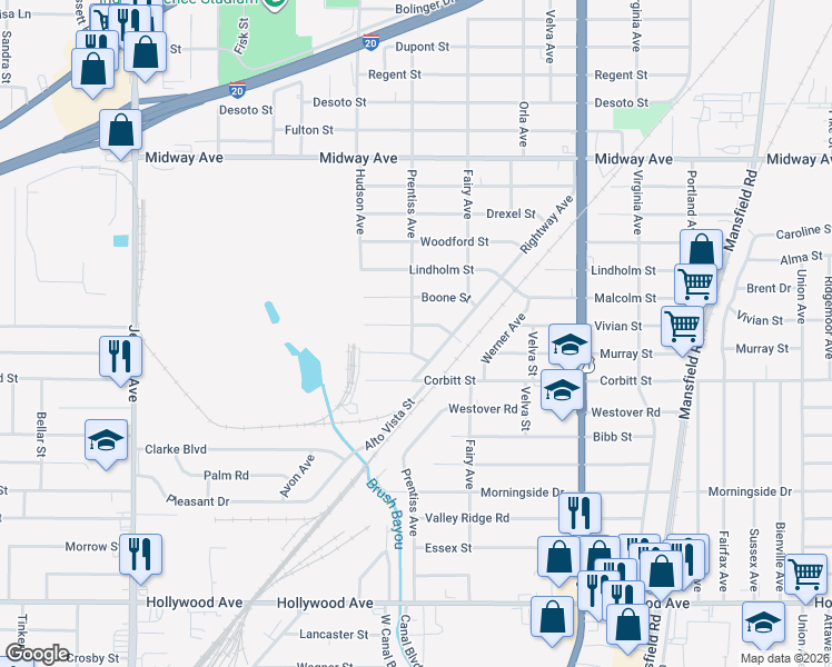 map of restaurants, bars, coffee shops, grocery stores, and more near 3056 Syphon Street in Shreveport