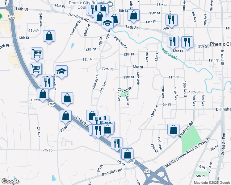map of restaurants, bars, coffee shops, grocery stores, and more near 941 16th Avenue in Phenix City