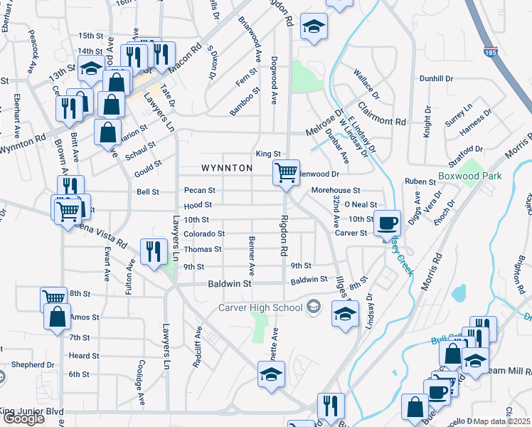 map of restaurants, bars, coffee shops, grocery stores, and more near 2931 Hood Street in Columbus