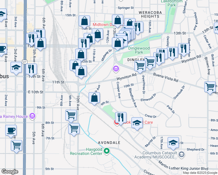 map of restaurants, bars, coffee shops, grocery stores, and more near 1218 Wynnton Road in Columbus