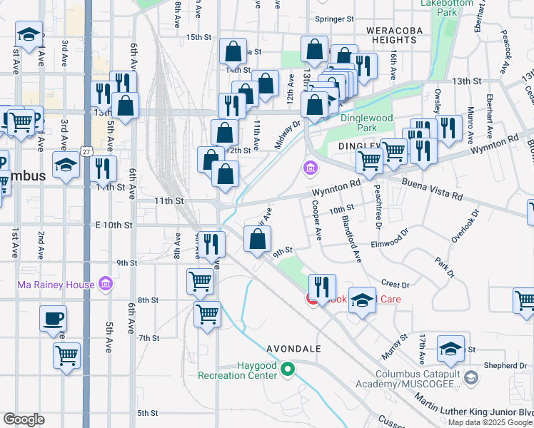 map of restaurants, bars, coffee shops, grocery stores, and more near 1116-1198 Wynnton Road in Columbus