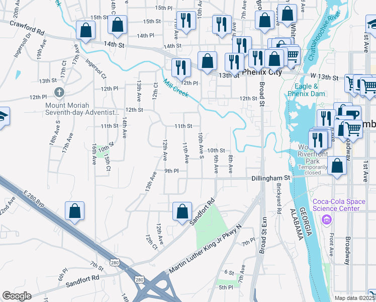 map of restaurants, bars, coffee shops, grocery stores, and more near 1007 10th Avenue in Phenix City