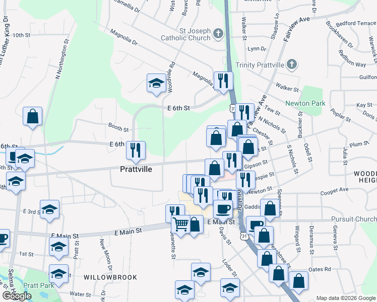 map of restaurants, bars, coffee shops, grocery stores, and more near 126 North Wildwood Drive in Prattville