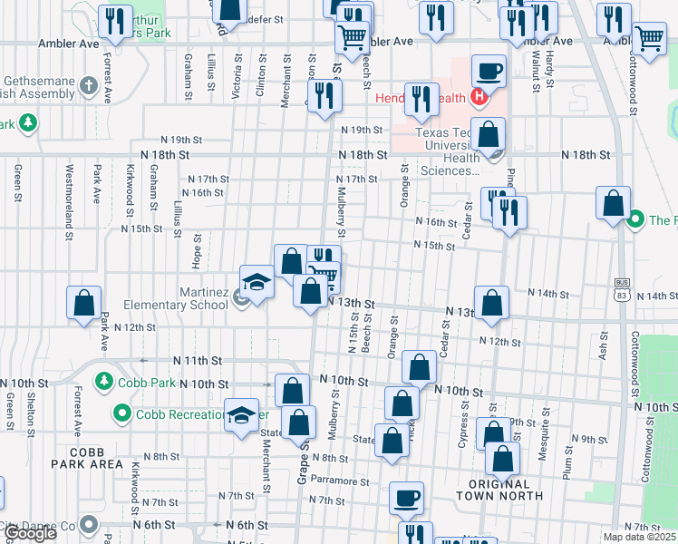 map of restaurants, bars, coffee shops, grocery stores, and more near 1358 Mulberry Street in Abilene