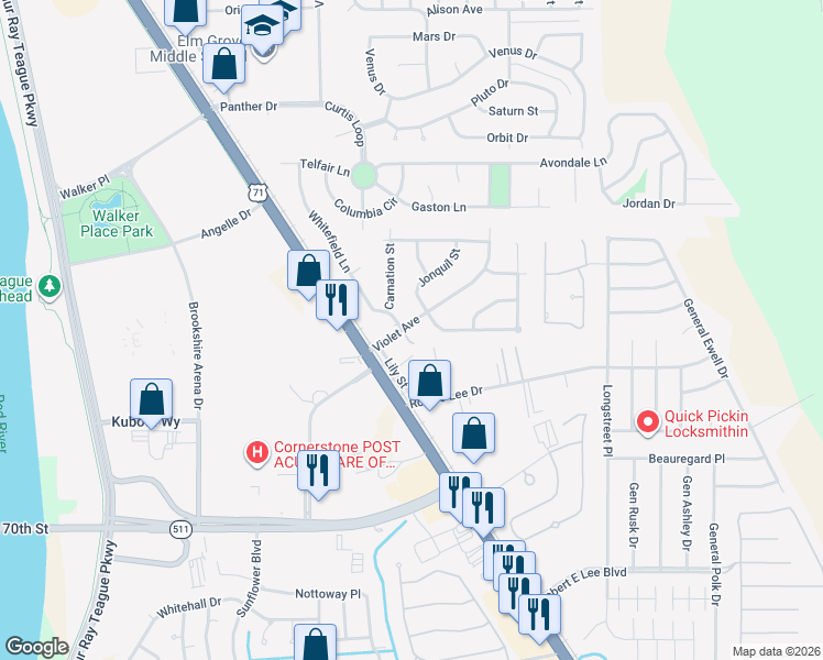 map of restaurants, bars, coffee shops, grocery stores, and more near 1300 Violet Avenue in Bossier City