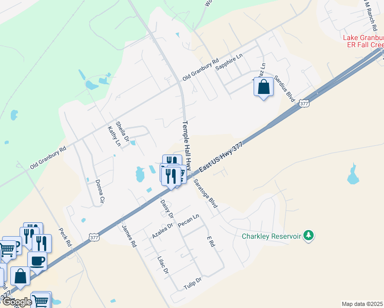 map of restaurants, bars, coffee shops, grocery stores, and more near 123 Temple Hall Highway in Granbury