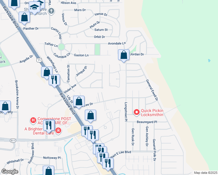 map of restaurants, bars, coffee shops, grocery stores, and more near 1966 Wild Iris in Bossier City