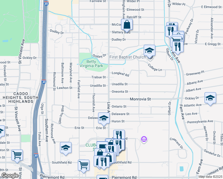 map of restaurants, bars, coffee shops, grocery stores, and more near 756 Oneonta Street in Shreveport