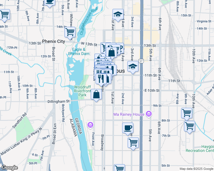 map of restaurants, bars, coffee shops, grocery stores, and more near 1030 Broadway in Columbus