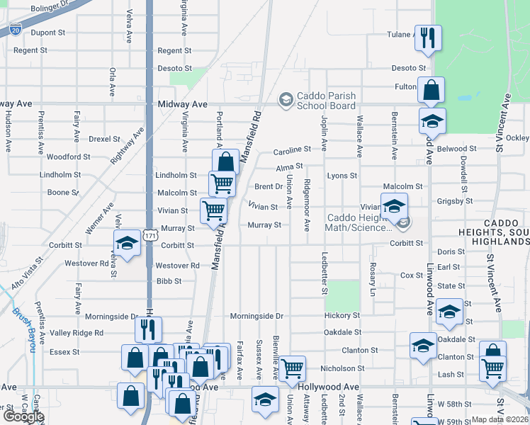 map of restaurants, bars, coffee shops, grocery stores, and more near 2022 Vivian Street in Shreveport