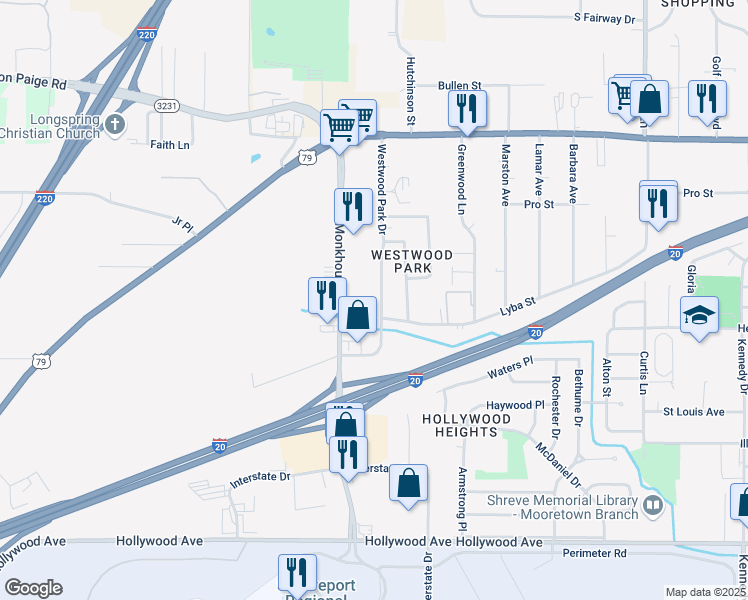 map of restaurants, bars, coffee shops, grocery stores, and more near 4815 Monkhouse Drive in Shreveport