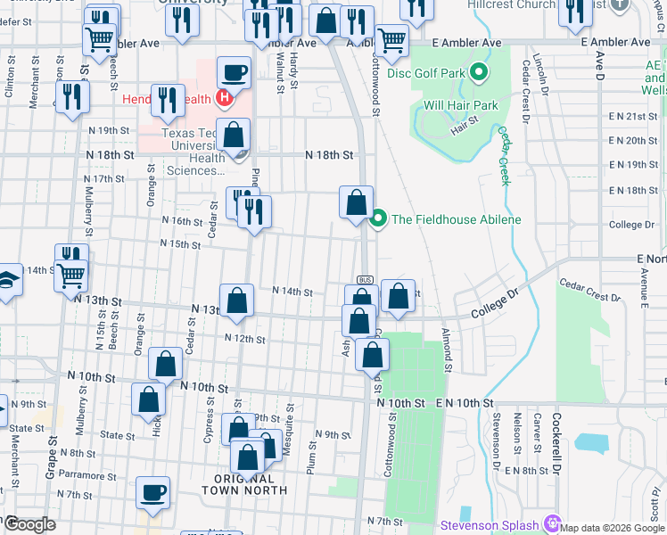 map of restaurants, bars, coffee shops, grocery stores, and more near 1439 Plum Street in Abilene