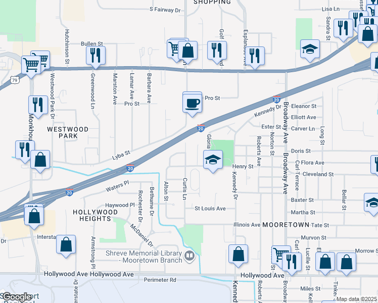 map of restaurants, bars, coffee shops, grocery stores, and more near 4225 Curtis Lane in Shreveport