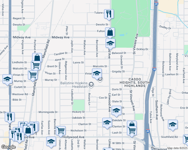 map of restaurants, bars, coffee shops, grocery stores, and more near 1721 Vivian Street in Shreveport