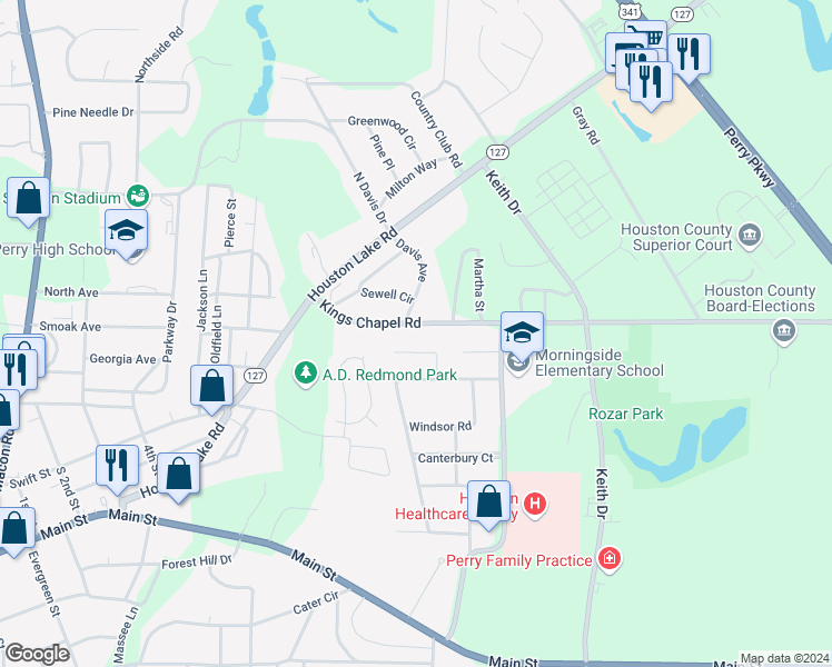 map of restaurants, bars, coffee shops, grocery stores, and more near 1301 Davis Avenue in Perry