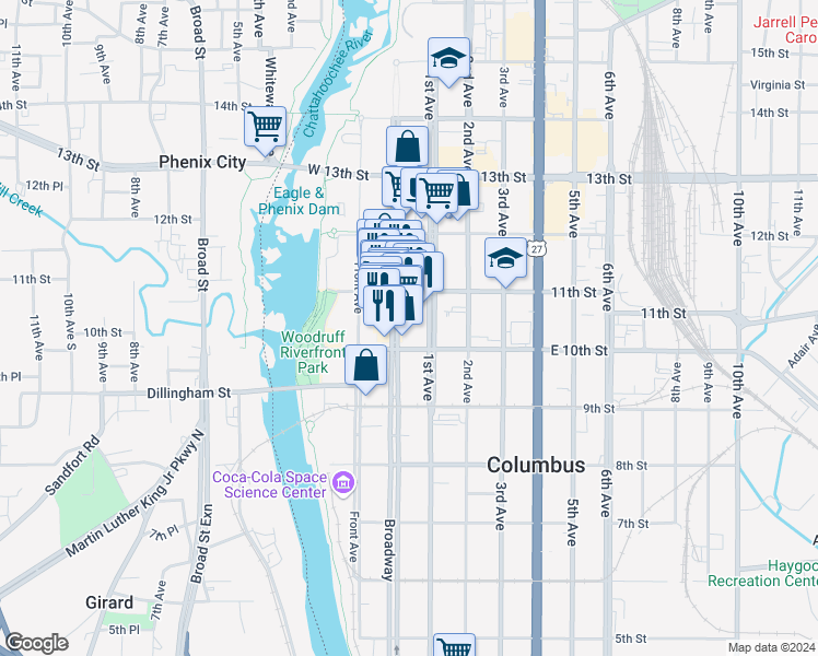 map of restaurants, bars, coffee shops, grocery stores, and more near 1030 Broadway in Columbus