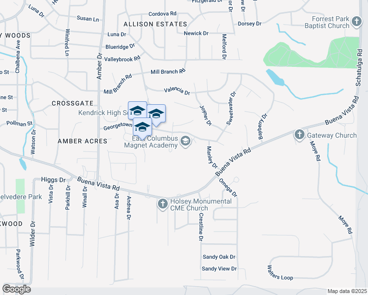 map of restaurants, bars, coffee shops, grocery stores, and more near 6100 Georgetown Drive in Columbus