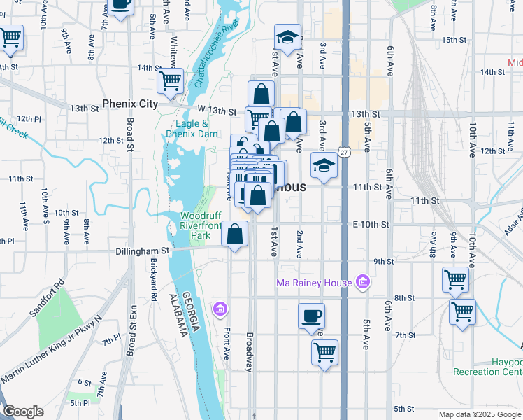 map of restaurants, bars, coffee shops, grocery stores, and more near 1030 Broadway in Columbus