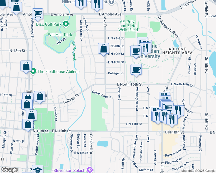 map of restaurants, bars, coffee shops, grocery stores, and more near 604 East North 16th Street in Abilene