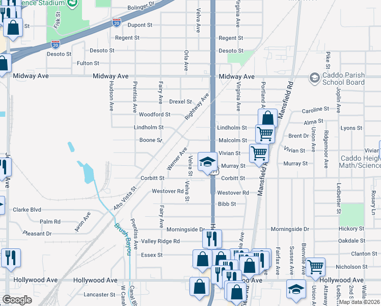 map of restaurants, bars, coffee shops, grocery stores, and more near 3406 Velva Street in Shreveport