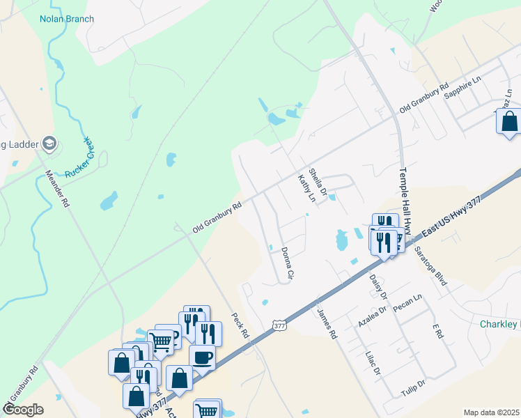 map of restaurants, bars, coffee shops, grocery stores, and more near 619 Donna Circle in Granbury