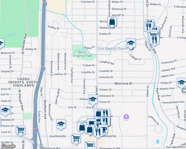 map of restaurants, bars, coffee shops, grocery stores, and more near 818 Unadilla Street in Shreveport