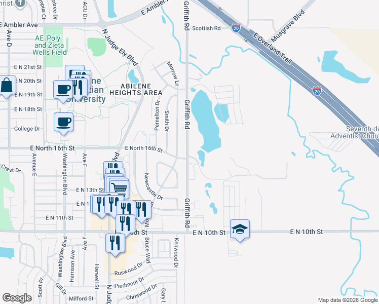 map of restaurants, bars, coffee shops, grocery stores, and more near 1633 Griffith Road in Abilene