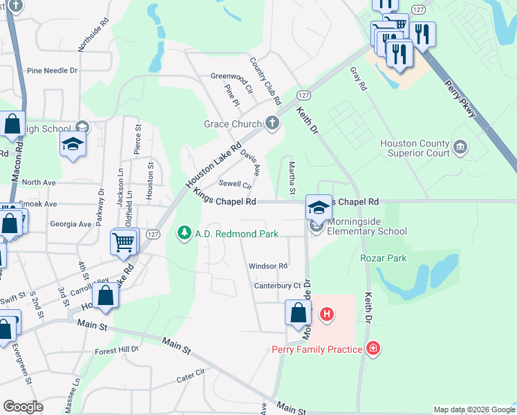 map of restaurants, bars, coffee shops, grocery stores, and more near 1804 Kings Chapel Road in Perry