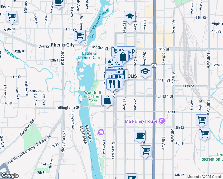 map of restaurants, bars, coffee shops, grocery stores, and more near 1030 Broadway in Columbus