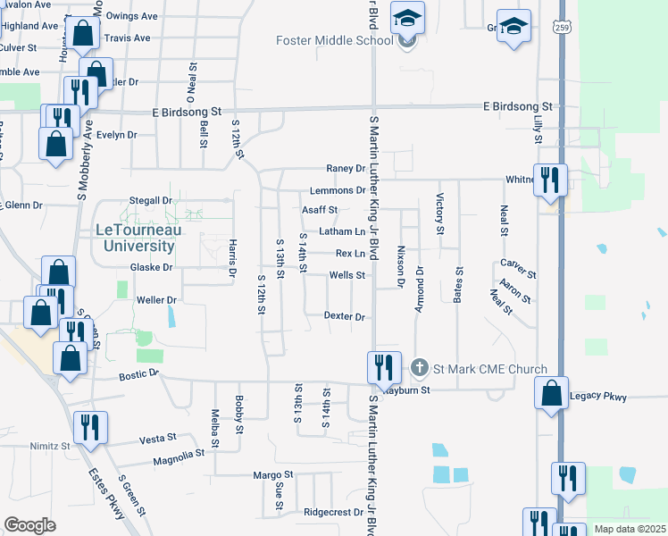 map of restaurants, bars, coffee shops, grocery stores, and more near 1104 Rex Lane in Longview
