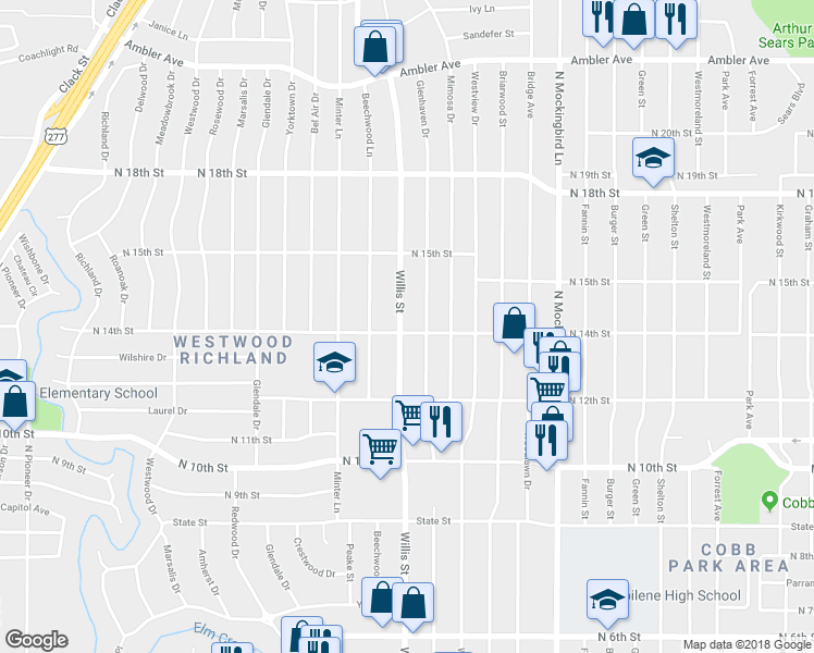 map of restaurants, bars, coffee shops, grocery stores, and more near 1401 North Willis Street in Abilene