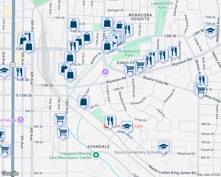 map of restaurants, bars, coffee shops, grocery stores, and more near 1300 Wynnton Road in Columbus