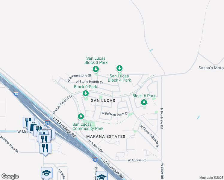 map of restaurants, bars, coffee shops, grocery stores, and more near 11342 West Smooth Pumice Street in Marana