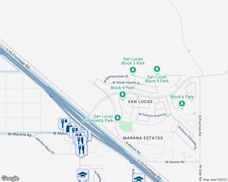 map of restaurants, bars, coffee shops, grocery stores, and more near 11541 West Rock Village Street in Marana