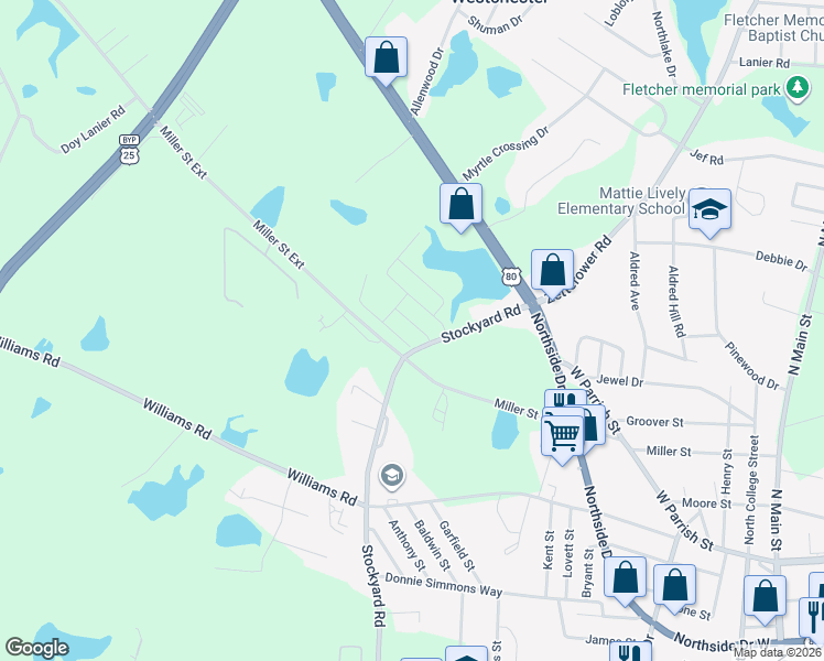 map of restaurants, bars, coffee shops, grocery stores, and more near 120 Buckhaven Way in Statesboro