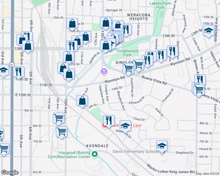 map of restaurants, bars, coffee shops, grocery stores, and more near 1300 Wynnton Road in Columbus