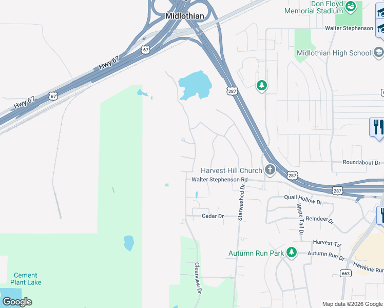 map of restaurants, bars, coffee shops, grocery stores, and more near 1510 Broken Spoke Court in Midlothian