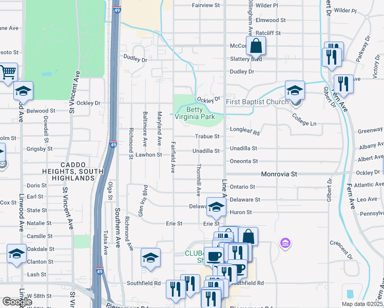 map of restaurants, bars, coffee shops, grocery stores, and more near 915 Unadilla Street in Shreveport