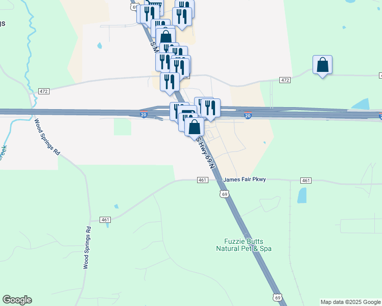 map of restaurants, bars, coffee shops, grocery stores, and more near 13601-13713 US Highway 69 N in Tyler