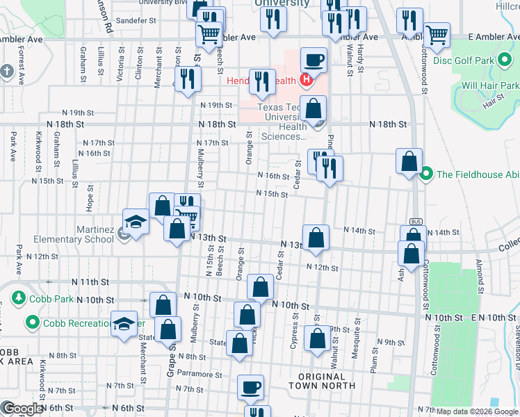 map of restaurants, bars, coffee shops, grocery stores, and more near 1410 Hickory Street in Abilene