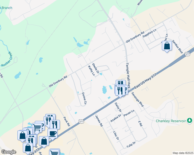 map of restaurants, bars, coffee shops, grocery stores, and more near 4301 Sheldon Lane in Granbury