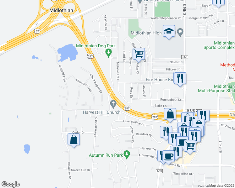 map of restaurants, bars, coffee shops, grocery stores, and more near 1625 Melanie Trail in Midlothian