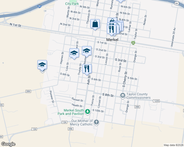 map of restaurants, bars, coffee shops, grocery stores, and more near 501 South Ash Street in Merkel