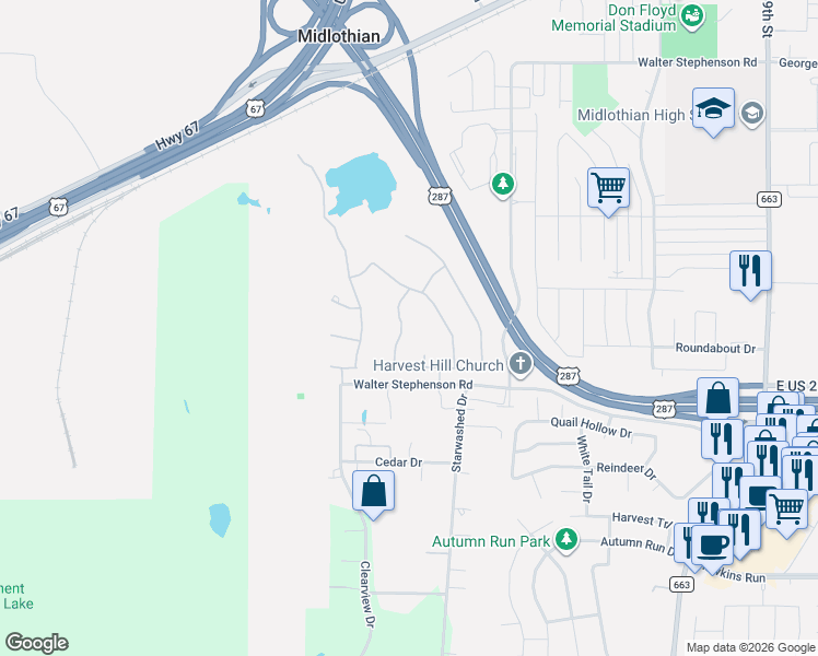 map of restaurants, bars, coffee shops, grocery stores, and more near 1831 Cotton Creek Trail in Midlothian