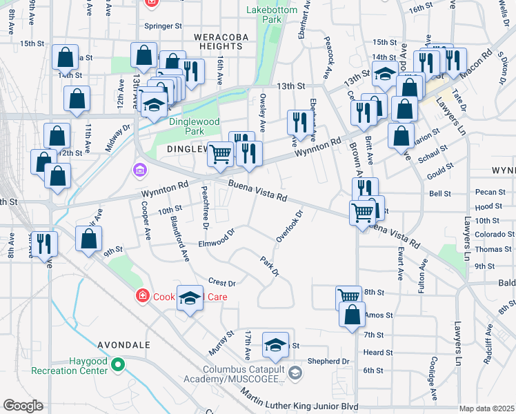 map of restaurants, bars, coffee shops, grocery stores, and more near 1012 Brookwood Avenue in Columbus